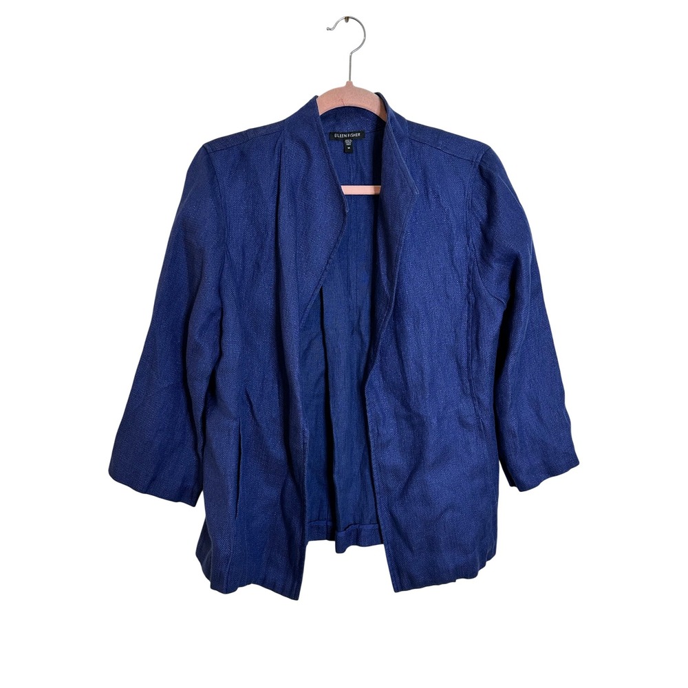 Eileen Fisher Blazer‎ Textured Linen Blend Jacket Size M Blue Open Front Lagum